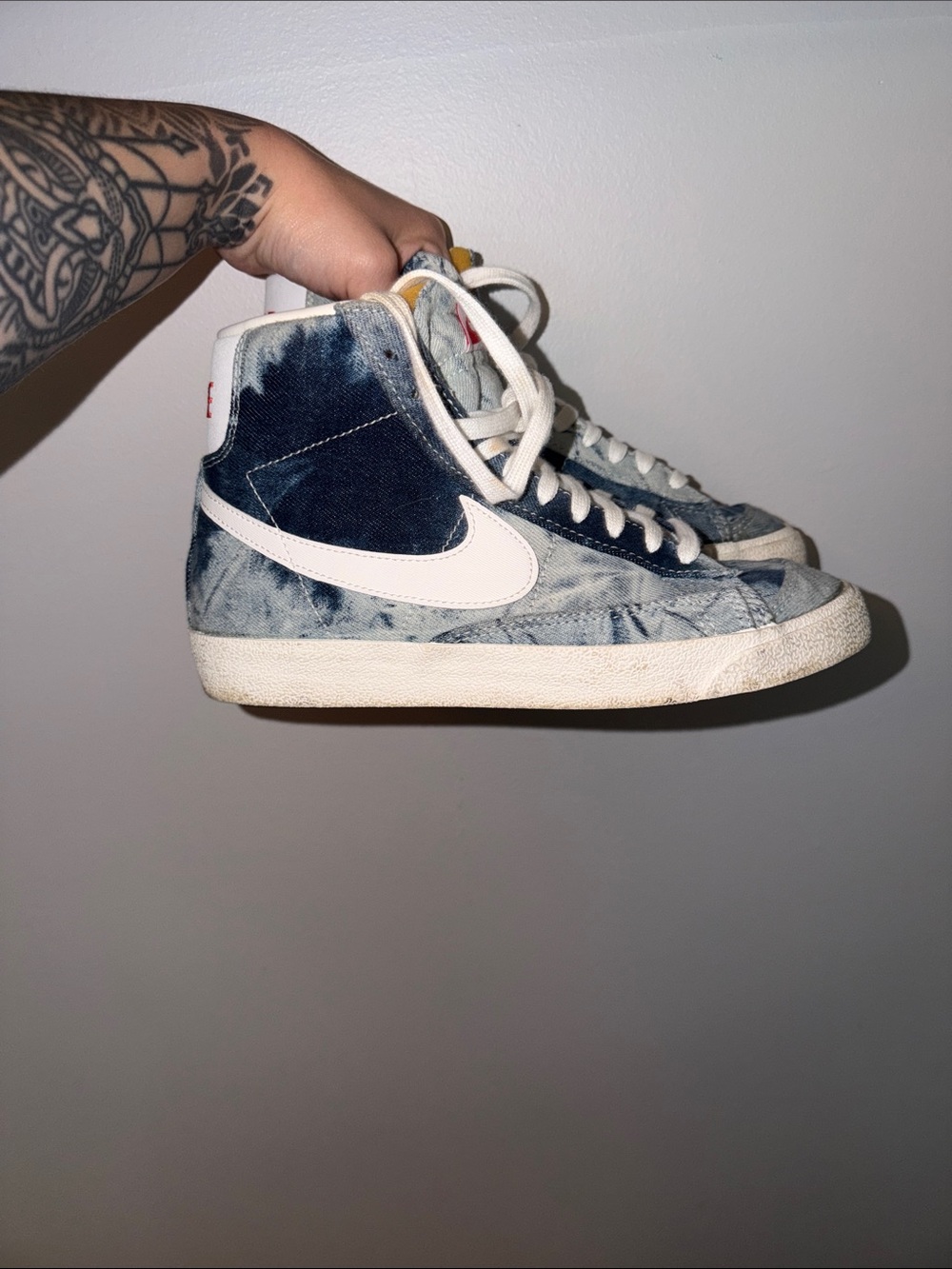Nike Mid-Top Denim Patchwork Sneakers in Blue and White